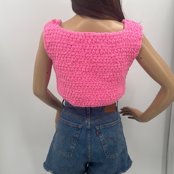 Vintage 70’s Barbiecore Handmade Cropped Soft Girl Plush Sleeveless Sweater Top - Picture 3 of 8